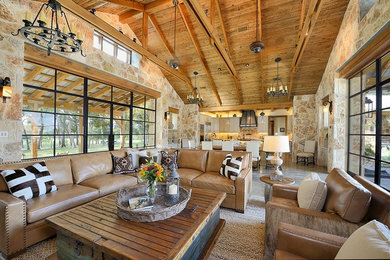 Large formal open plan living room in Houston with brown walls and concrete flooring.