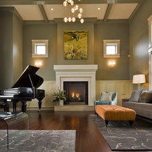 Shelves, High Ceiling, Fireplace, Moulding