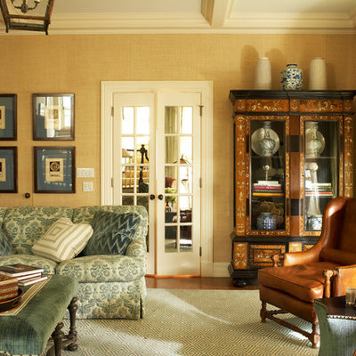 Inspiration for a timeless enclosed living room remodel in Chicago with yellow walls