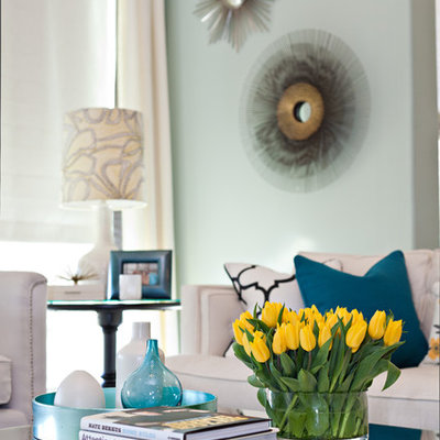 Example of a trendy living room design in Dallas with blue walls