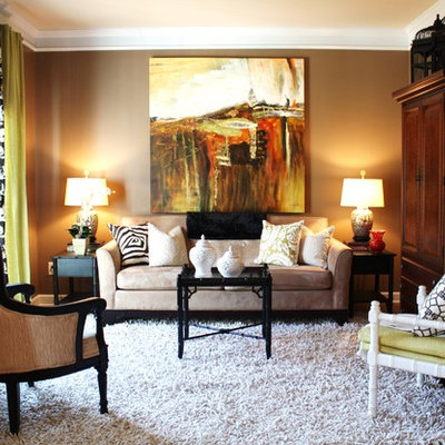 Living room - contemporary living room idea in Charlotte with brown walls