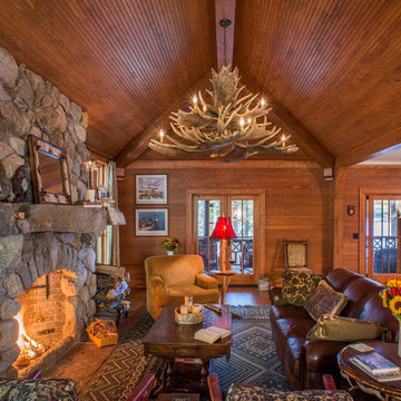 Living Room - Fireplace, Antler Chandelier