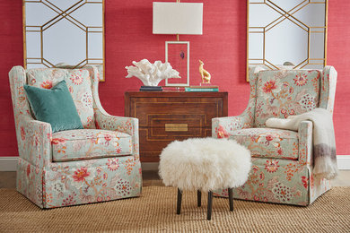 Living room - small transitional open concept carpeted and beige floor living room idea in New Orleans with pink walls, no fireplace and no tv