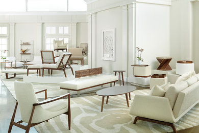Imagen de salón para visitas abierto retro grande sin chimenea y televisor con paredes blancas, moqueta y suelo blanco