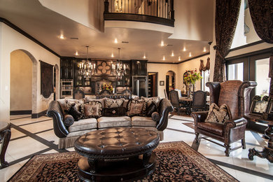 Example of a huge ornate formal and open concept porcelain tile living room design in Dallas with beige walls