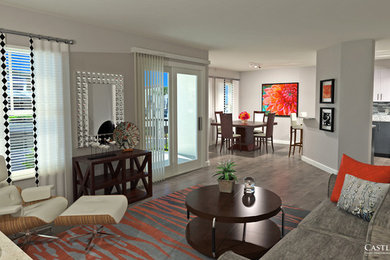 Идея дизайна: гостиная комната в стиле неоклассика (современная классика) с серыми стенами и паркетным полом среднего тона без камина