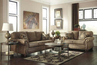 This is an example of a medium sized classic open plan living room in Other with beige walls, dark hardwood flooring, no fireplace and brown floors.