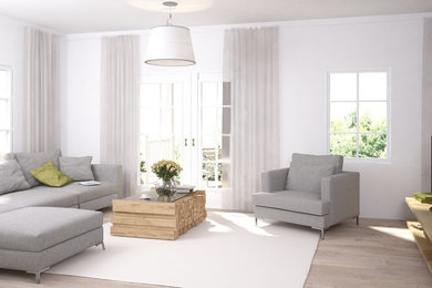 Diseño de salón para visitas abierto contemporáneo pequeño sin chimenea con paredes blancas, suelo de madera clara y televisor retractable