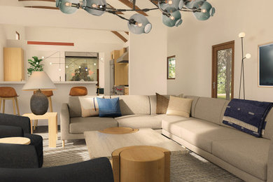 Imagen de salón abierto moderno de tamaño medio con paredes beige, suelo de pizarra, suelo gris y vigas vistas
