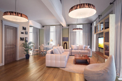 Пример оригинального дизайна: парадная, изолированная гостиная комната среднего размера в классическом стиле с зелеными стенами, светлым паркетным полом, телевизором на стене и коричневым полом без камина