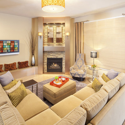 Example of a trendy living room design in Chicago with a corner fireplace and a tile fireplace