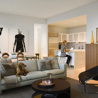 Living room - contemporary open concept living room idea in New York with white walls