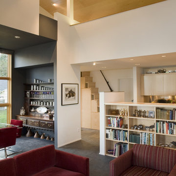 Living room looking towards kitchen and upper loft