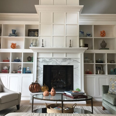 Mid-sized transitional open concept medium tone wood floor and brown floor living room photo in San Francisco with gray walls, a standard fireplace, a tile fireplace and no tv