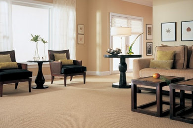 Elegant carpeted living room photo in Other with beige walls