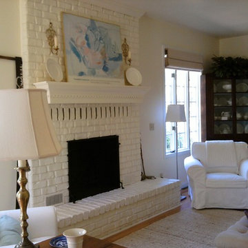living room  painted brick fireplace