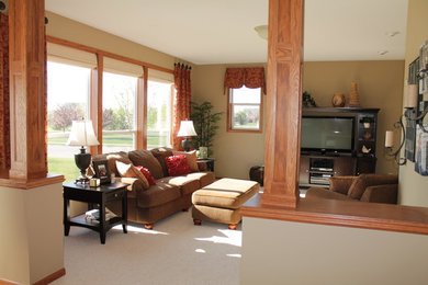 Transitional carpeted living room photo in Minneapolis with beige walls, a standard fireplace and a tile fireplace