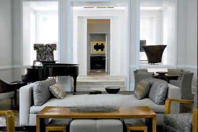 Example of a trendy living room design in Chicago with a music area and white walls