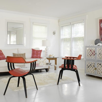 Living room - mid-sized eclectic formal and open concept painted wood floor and white floor living room idea in New York with white walls, no fireplace and no tv