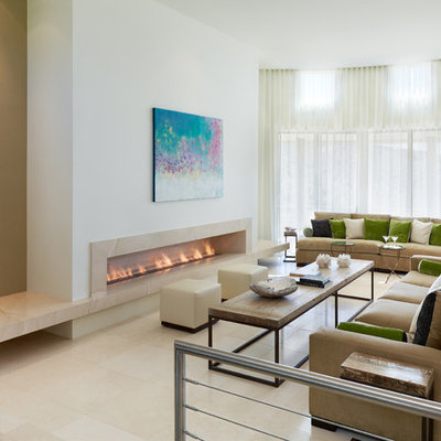 Inspiration for a contemporary open concept marble floor living room remodel in Phoenix with white walls, a ribbon fireplace and no tv