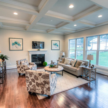Living Room w/Fireplace and Coffered Ceiling