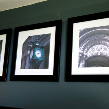 Living Room Wall above TV Framed Black & White Toronto Architectural Photos Clos