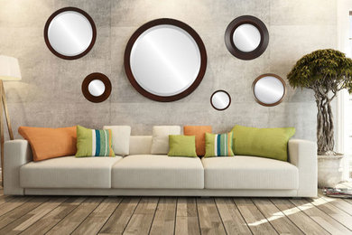 Idee per un soggiorno minimal con sala formale, pareti beige, pavimento in legno verniciato e pavimento beige