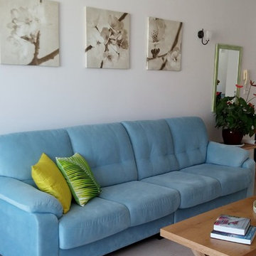 living room with a blue sofa