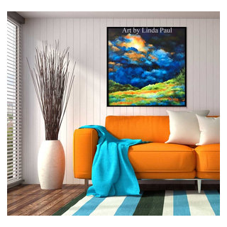 Living Room with Blue Orange and Green wall art for sale - Contemporary -  Living Room - Denver - by Linda Paul Studio | Houzz