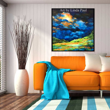 Living Room with Blue Orange and Green wall art for sale