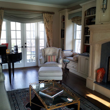 Living room with custom mantel