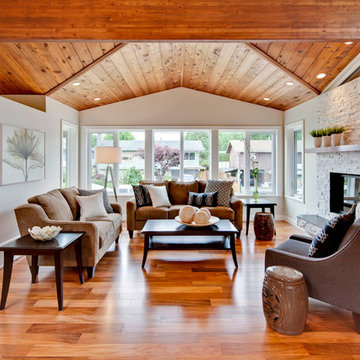 Living Room With Vaulted Wood Ceiling