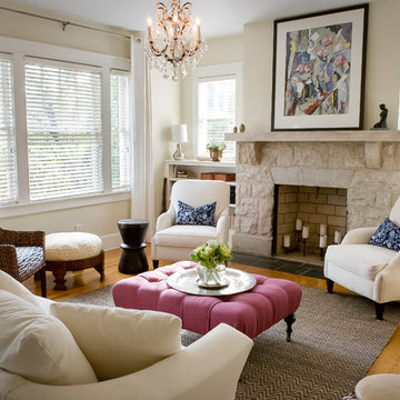 Living Room with White Stone Craftsman Style Fireplace