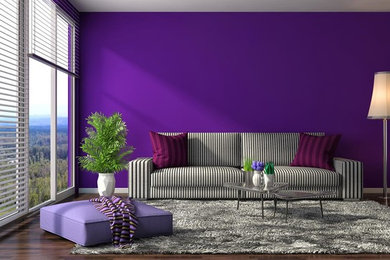 Example of a trendy open concept brown floor living room design in Denver with purple walls