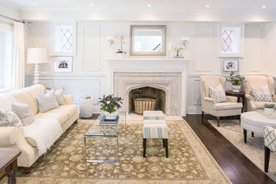 Example of a mid-sized transitional open concept dark wood floor living room design in Toronto with white walls, a standard fireplace and a stone fireplace