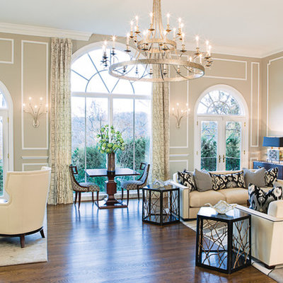 Living room - large transitional formal and open concept dark wood floor and brown floor living room idea in DC Metro with beige walls, a standard fireplace, a stone fireplace and no tv