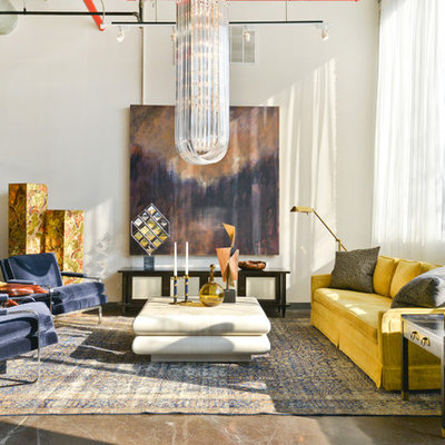 Inspiration for a contemporary open concept living room remodel in Chicago with white walls