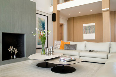 This is an example of a contemporary living room in Boston with a standard fireplace.