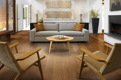 Example of a large trendy medium tone wood floor living room design in New York with white walls, a ribbon fireplace and a metal fireplace