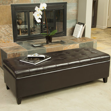 Living Space featuring Harlan Espresso Leather Storage Ottoman