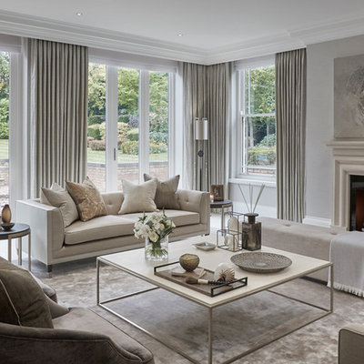 Large transitional formal and open concept porcelain tile and white floor living room photo in Chicago with gray walls, a standard fireplace and a stone fireplace