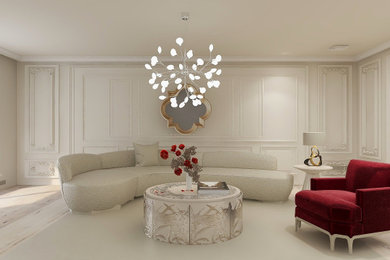 Example of a large trendy open concept white floor, tray ceiling and wainscoting living room design in Miami with beige walls and no tv