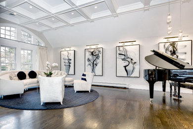 Example of a transitional open concept living room design in New York with a music area
