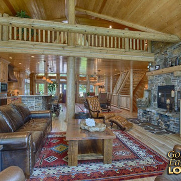 Log home open concept great room Golden Eagle Log Home Lakehouse 4166AL