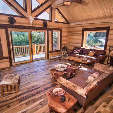 Log home with mushroom wood trim accent and skip-planed Traiblazer floor