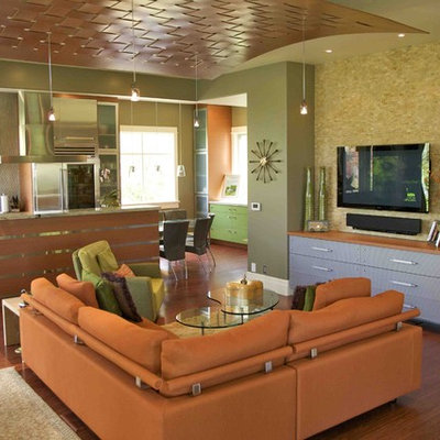 Small trendy open concept medium tone wood floor living room photo in Salt Lake City with a wall-mounted tv and green walls
