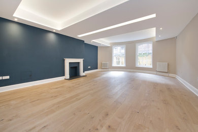 Diseño de salón para visitas abierto clásico extra grande con paredes azules, suelo de madera clara, marco de chimenea de yeso y suelo marrón