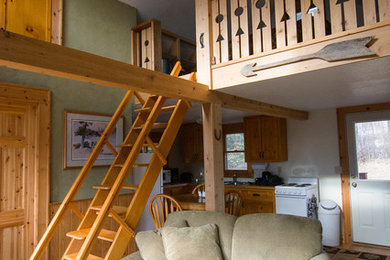 Modelo de salón abierto rural pequeño con paredes verdes, suelo de madera en tonos medios, televisor independiente y suelo marrón