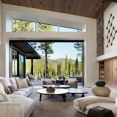 Inspiration for a contemporary medium tone wood floor and brown floor living room remodel in Other with white walls, a standard fireplace and a stone fireplace