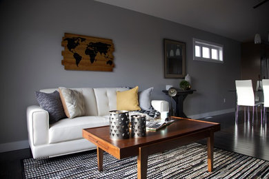 Small elegant enclosed dark wood floor living room photo in Edmonton with gray walls